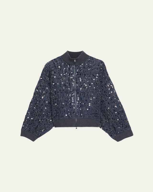 Wool-Cashmere Paillette Open-Knit Zip Cardigan